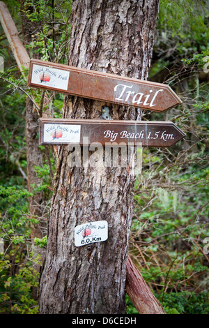 Signpost along the Wild Pacific Trail, Ucluelet, Vancouver Island Stock Photo
