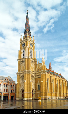 Novi Sad Cathedral after a rainy morning. Catholic cathedral in Serbian town, Novi Sad. Stock Photo