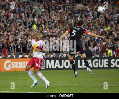 April 13th 2013, NY4 New York RedBulls Forward Thierry Henry (14) Henry looks on as (5) Jakovics heads the ball. Stock Photo