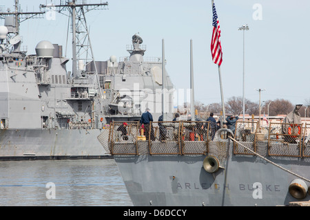 The USS Arleigh Burke (DDG-51), an Arleigh Burke class destroyer at Naval Station Norfolk. Stock Photo