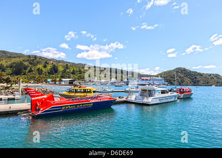 The harbour at Picton, main town of the Marlborough Sounds in New Zealand, and terminal for the Cook Strait ferries. Stock Photo