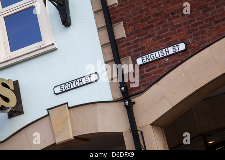 Scottish independence; English Street/Scotch Street Boundary between Scotch Street and English street in Carlisle, Cumbria, UK Stock Photo