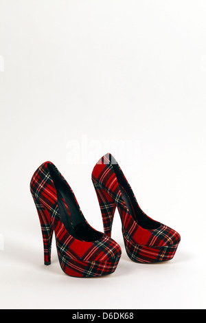 Womens very high heels in Red Plaid tartan material Stock Photo