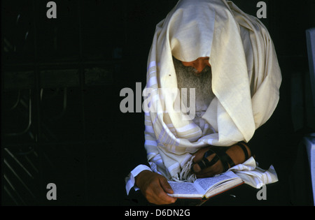 A religious Jew wrapped with Tefillin phylacteries and Talit prayer shawl reading the Siddur Jewish book of pray in Israel Stock Photo