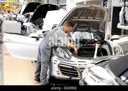 A Porsche employee assembles a Porsche Boxster at the main factory in Stuttgart-Zuffenhausen, Germany, 10 September 2012. Sports car manufacturer Porsche has already sold almost 100,000 cars after the two-thirds of the current year. 92,474 cars made in the Zuffenhauser factory have been delivered to customers after eight months, according to the company on 11 September 2012. Photo: Stock Photo