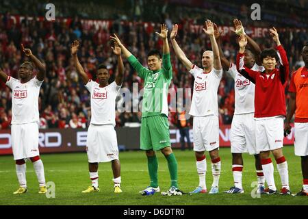 Standard Liege team group, APRIL 16, 2013 - Football / Soccer : Standard Liege team group celebrate after winning the Belgian 'Jupiler Pro League' Play-off match between Standard de Liege and KRC Genk at the Stade Maurice Dufrasne in Liege, Belgium. (Photo by AFLO) Stock Photo