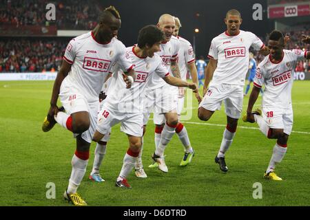 Standard Liege team group, APRIL 16, 2013 - Football / Soccer : Standard Liege team group celebrete after Paul -Jose Mpoku's goal during the Belgian 'Jupiler Pro League' Play-off match between Standard de Liege and KRC Genk at the Stade Maurice Dufrasne in Liege, Belgium. (Photo by AFLO) Stock Photo