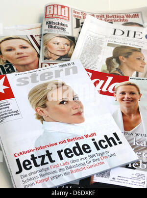 An illustration shows portaits of the former German President's wife Bettina Wulff on the front page of different German magazines pictured in Berlin, Germany, 16 September 2012. After her book had been subject to heavy criticism Bettina Wulff cancelled two television appearances. Photo: STEPHANIE PILICK Stock Photo