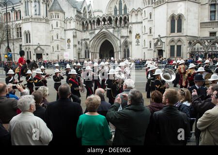 London, UK. 17th April 2013. Lady Thatcher’s coffin passes along The Strand on a gun carriage en-route to St. Paul’s Cathederal for a State Funeral. The fact that Lady Thatcher has been given a State Funeral and from the public purse has lead to fierce debate both in and out of Parliament. Credit:  Allsorts Stock Photo/Alamy Live News Stock Photo