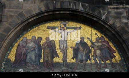 Mosaic of Jesus Christ on the cross at Saint Peters church in Bremen, northwestern Germany. Stock Photo