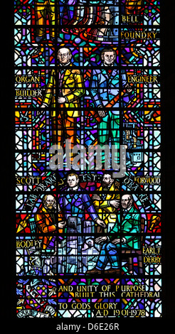 Stained Glass Window Depicting People Involved In the Design and Construction Of Liverpool's Anglican Cathedral Stock Photo