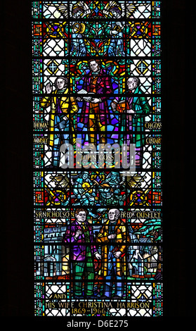 Stained Glass Window in Liverpool's Anglican Cathedral Depicting English Organists And Merchant Families Of Liverpool Stock Photo
