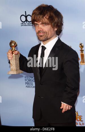 US actor Peter Dinklage poses in the press room of the 69th Annual Golden Globe Awards presented by the Hollywood Foreign Press Association in Hotel Beverly Hilton in Los Angeles, USA, on 15 January 2012. Photo: Hubert Boesl Stock Photo