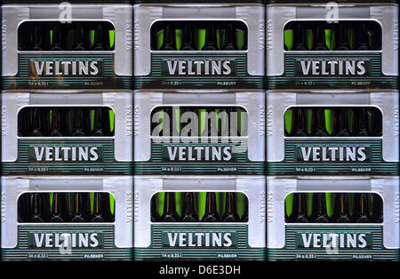 Veltins beer crates are piled in Duesseldorf, Germany, 17 January 2012. The private brewery Veltins presented its figures of the last financial year. Photo: FEDERICO GAMBARINI Stock Photo