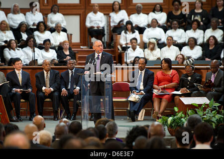 National Aeronautics and Space Administration (NASA) Administrator Charles Bolden speaks and delivers greetings from President Obama at the 44th annual Martin Luther King, Jr. Commemorative Service on Monday, January 16, 2012 at Ebenezer Baptist Church in Atlanta. .Mandatory Credit: Bill Ingalls / NASA via CNP Stock Photo