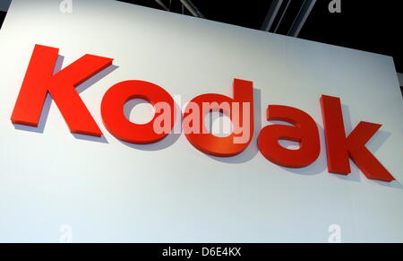 (dpa-file) - A file picture dated 23 September 2008 shows the logo of the firm Kodak featured at the Photokina in Cologne, Germany. Photography pioneer Kodak, which dominated film sales for much of the 20th century, has been in talks with banks to file for bankruptcy. According to official statements of Kodak on 19 January 2012, the company intends to continue working during the in Stock Photo