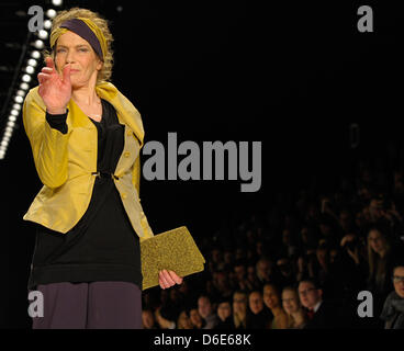 German model Veruschka von Lehndorff presents a creation at the Anja Gockel show during the Mercedes-Benz Fashion Week in Berlin, Germany, 20 January 2012. The presentation of the Autumn/Winter 2012/2013 collections takes place until 21 January 2012. Photo: Soeren Stache dpa/lbn Stock Photo