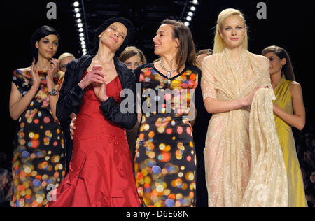 German model Veruschka von Lehndorff (2nd L), Anja Gockel (C) and Model Franziska Knuppe (2nd R) celebrate after the Anja Gockel show during the Mercedes-Benz Fashion Week in Berlin, Germany, 20 January 2012. The presentation of the Autumn/Winter 2012/2013 collections takes place until 21 January 2012. Photo: Soeren Stache dpa/lbn Stock Photo