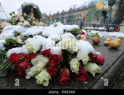 Flowers, wreaths and potatoes lie on the grave of Frederick the Great during the commemoration of the 300th anniversary of Frederick II at Park Sanssouci in Potsdam, Germany, 24 January 2012. The Prussian King died on 17 August 1786 in Potsdam and was burried on the terrace of Sanssouci Palace. Photo: BERND SETTNIK Stock Photo