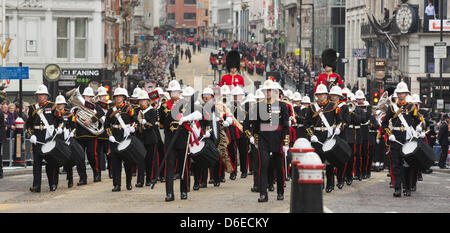 London, UK. Wednesday, 17 April 2013. Picture: Royal Marines marching band. Funeral of Baroness Margaret Thatcher at Ludgate Hill, London, UK. Photo: Nick Savage/Alamy Live News Stock Photo