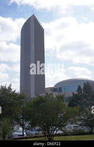 The new headquarters of the African Union (AU), captured in in Addis Abeba, Ethopia, 29 January 2012. The 100-metre high tower is now the tallest building of the Ethiopian capital. On 29 and 30 January, the 18th summit of the AU is held here. Beijing paid for the structure that was designed by Tongji Design Institute and cost 200 million dollars. Photo: Carola Frentzen Stock Photo