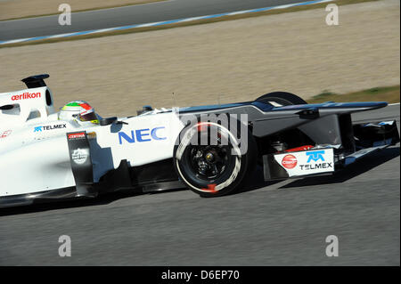 Mexican Formula One driver Sergio Perez of Sauber steers his new C31 during the training session for the upcoming Formula One season at the Jerez racetrack in Jerez de la Frontera, Southern Spain, 08 February 2012. Photo: David Ebener Stock Photo