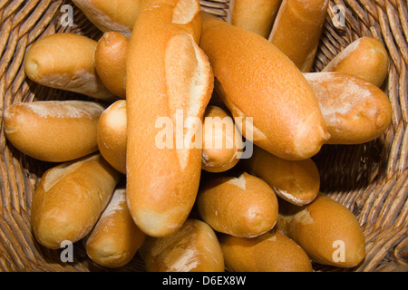 Basket of freshly baked baguettes from a French bakery Stock Photo