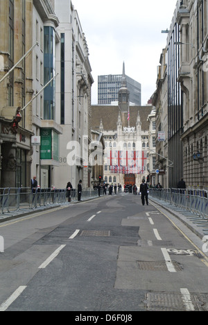 Empty roads, no traffic, cars, buses. Day of Margaret Thatchers funeral. London. English flags, British Flags, policeman Stock Photo