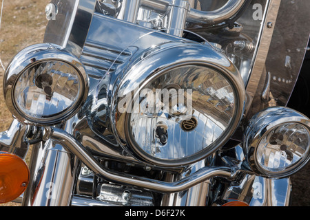 Close up of a Harley Davidson FLSTC Softail Heritage Classic 2013 high shine chrome front end Stock Photo