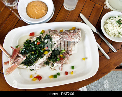 delicious freshly served plate of cooked whole red snapper with condiments & vegetable garnish on restaurant table Oaxaca Mexico Stock Photo