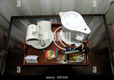 Typical complimentary tea and coffee tray in British hotel room Stock Photo