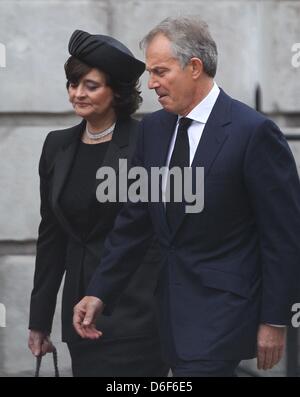 London, UK. 17th April, 2013. Tony Blair and his wife Cherie arrive at Margaret Thatcher's funeral at St Paul's Cathedral in Central London. Dignitaries from around the world joined Queen Elizabeth II and Prince Philip, Duke of Edinburgh as the United Kingdom pays tribute to former Prime Minister Thatcher Baroness Thatcher during a Ceremonial funeral with military honours at St Paul's Cathedral. Lady Thatcher, who died last week, was the first British female Prime Minister and served from 1979 to 1990. Stock Photo