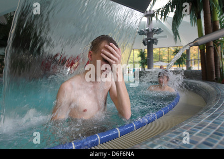 Gluecksburg, Germany, artificial waterfall in the Foerdetherme Gluecksburg Stock Photo