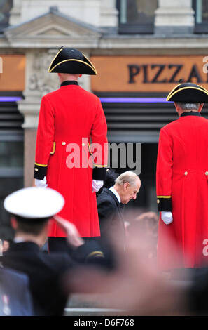 London, UK. 17th April, 2013. Duke of Edinburgh leaving Margaret Thatcher's funeral at St Paul's Cathedral. Stock Photo