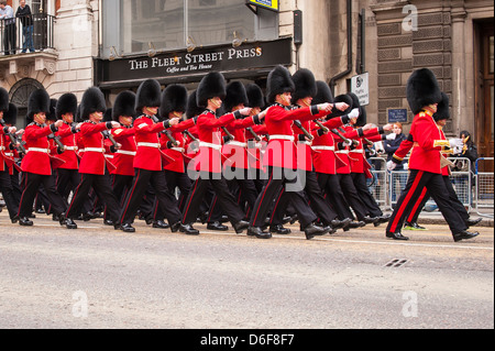 London Strand Baroness Margaret Maggie Thatcher funeral cortege parade Scots Guards march past Stock Photo