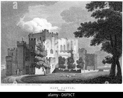 An engraving entitled ' Raby Castle, Durham ' scanned at high resolution from a book published in 1803. Near Staindrop Stock Photo