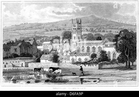 An engraving entitled ' Bruton, Somerset ' England UK scanned at high resolution from a book published in 1825. Believed copyright free. Stock Photo