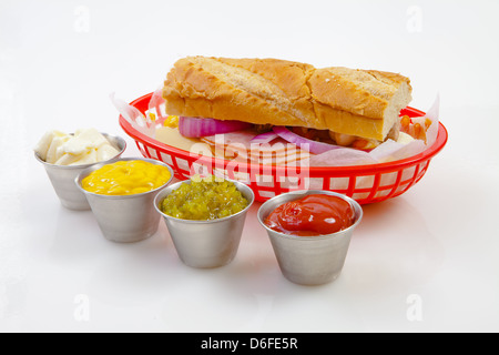 Ketchup mustard mayonnaise relish souses condiments sandwich Stock Photo