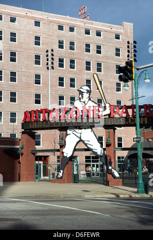 The entrance to AutoZone Park baseball stadium, the home of the Memphis Redbirds, Memphis, Tennessee, USA Stock Photo