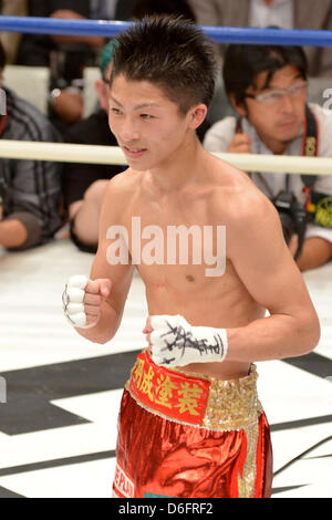 Naoya Inoue, APRIL 16, 2013 - Boxing : Naoya Inoue celebrates after winning the performed a match of the boxing 50kg weight division at Korakuen Hall in Tokyo, Japan. Naoya Inoue won by TKO after 10th rounds. (Photo by Hiroaki Yamaguchi/AFLO) Stock Photo