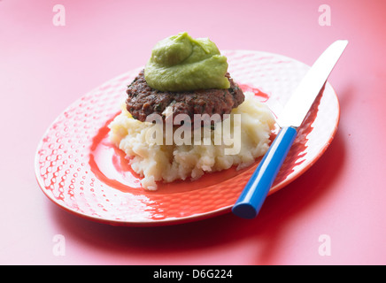 Kids home made Burger on mash with puree peas - with recipe