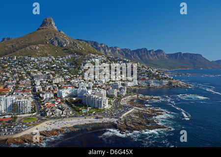 Apartments and beach, Sea Point, Lion's Head, and Table Mountain, Cape Town, South Africa - aerial Stock Photo