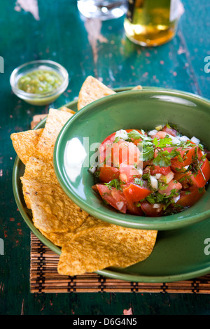 Fresh tomato salsa and nacho chips -  with recipe Stock Photo
