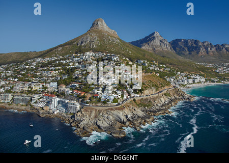 Luxury apartments, Bantry Bay, Lion's Head, and Table Mountain, Cape Town, South Africa - aerial Stock Photo