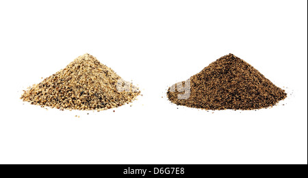 Ground white pepper and black pepper isolated Stock Photo