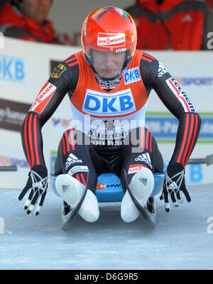 German luger Tatjana Huefner is pictured in action during the FIL Luge World Championships in Altenberg, Germany, 12 February 2012. Photo;: Matthias Hiekel Stock Photo