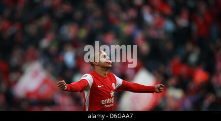 Mainz's Mohamed Zidan celebrates his 1-0 goal during the Bundesliga soccer match FSV Mainz 05 vs Hanover 96 at Coface Arena in Mainz, Germany, 11 February 2012. The match ended 1-1. Photo: Fredrik von Erichsen Stock Photo