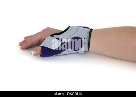 Wrist bandage shown on a woman's hand. Wrist orthosis for treating a carpal tunnel Syndrome, isolated on white. Stock Photo