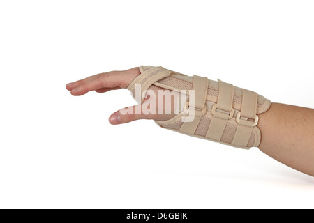 Carpal Tunnel Syndrome Brace. Woman's hand isolated on white. Stock Photo