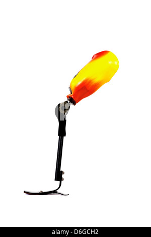 Modern above knee prosthesis with colorful shaft. Bent knee joint. Individually designed above knee prosthesis, on white. Stock Photo